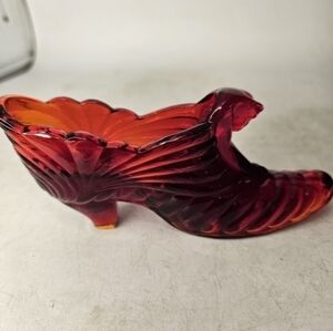 Vintage ruby‎ red Fenton ribbed glass slipper with cat